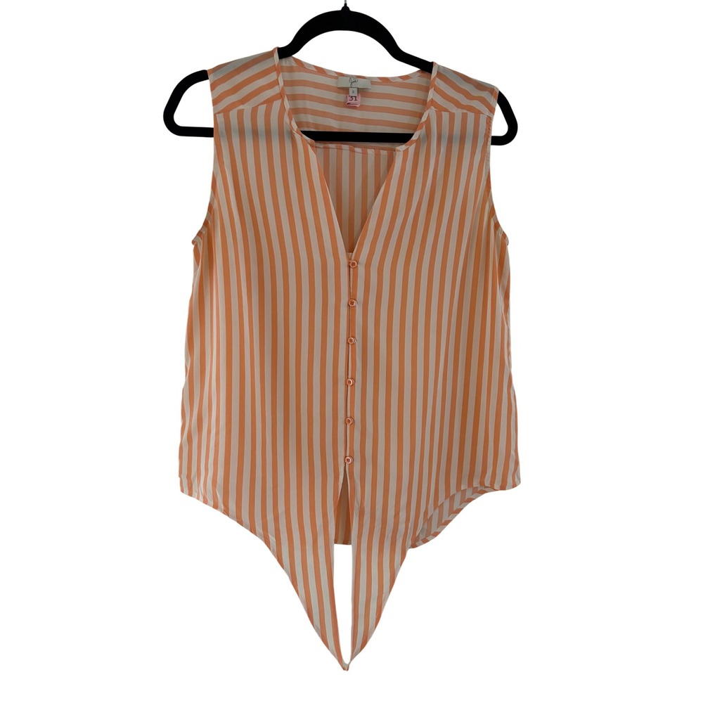 Joie Orange White Striped 100% Silk Sleeveless Tie Front Button Blouse Small